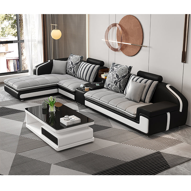 Contemporary Light Gray Sectional with Removable Cushions for Living Room 126"L x 71"W x 35"H Faux Leather Clearhalo 'furn' 'furn_sectionals' 'Furniture' 'furniture_sectionals' 'Living Room Furniture' 'Sectionals' 4983030