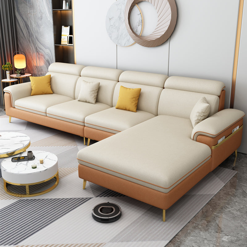 125.98" D x 70.86" W x 35.43" H Faux Leather Pillow Top Arm Sectional with Bolster Pillows Orange Yellow Clearhalo 'furn' 'furn_sectionals' 'Furniture' 'furniture_sectionals' 'Living Room Furniture' 'Sectionals' 4983059