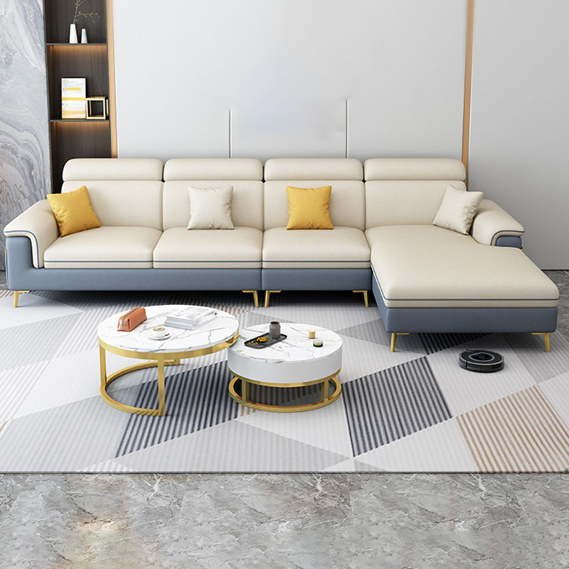 125.98" D x 70.86" W x 35.43" H Faux Leather Pillow Top Arm Sectional with Bolster Pillows Dark Blue-Yellow Sponge Clearhalo 'furn' 'furn_sectionals' 'Furniture' 'furniture_sectionals' 'Living Room Furniture' 'Sectionals' 4983062