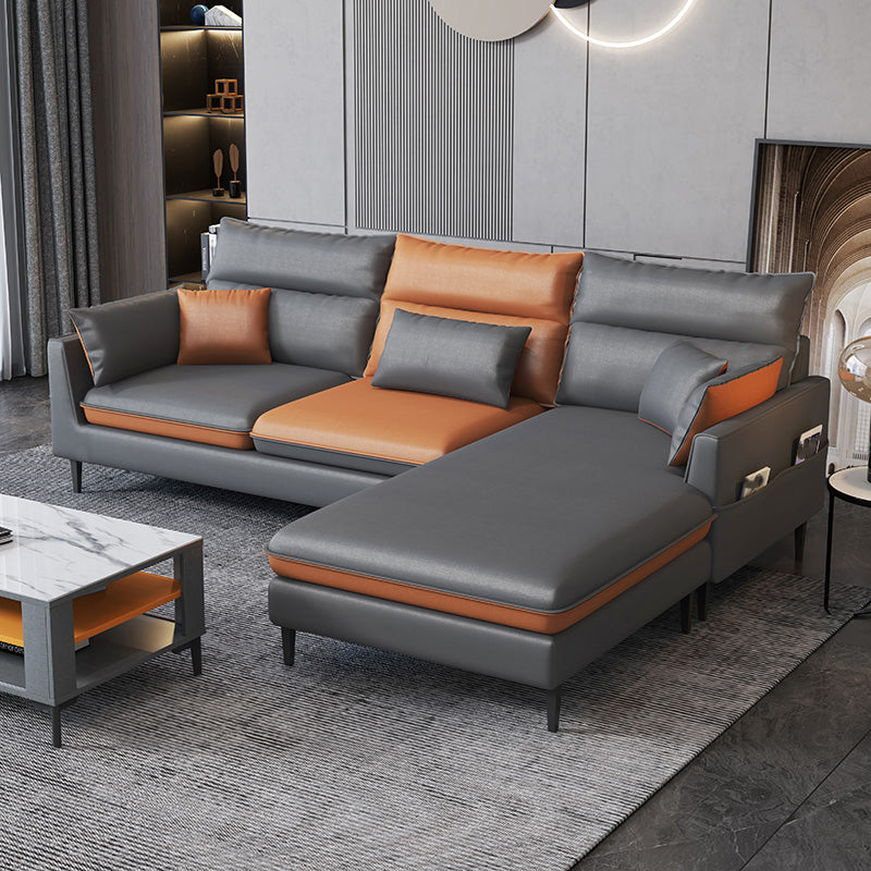 Faux Leather Square Arm Sectional with Pillowed Back Cushions, Stain Resistan 100"L x 67"W x 35"H Latex Clearhalo 'furn' 'furn_sectionals' 'Furniture' 'furniture_sectionals' 'Living Room Furniture' 'Sectionals' 4983066