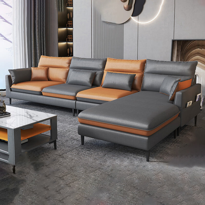 Faux Leather Square Arm Sectional with Pillowed Back Cushions, Stain Resistan 130"L x 67"W x 35"H Clearhalo 'furn' 'furn_sectionals' 'Furniture' 'furniture_sectionals' 'Living Room Furniture' 'Sectionals' 4983067