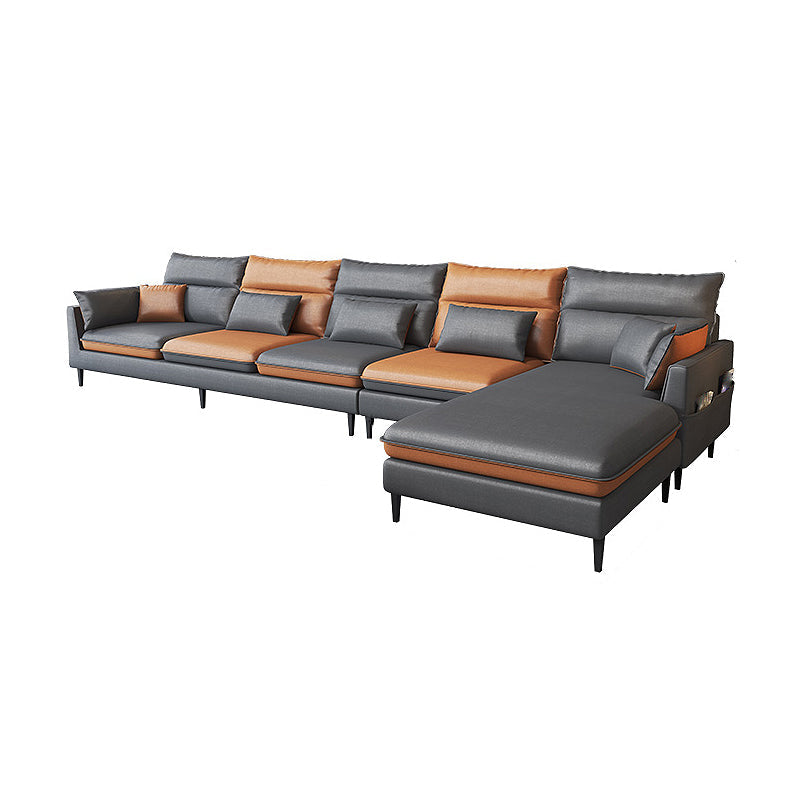 Faux Leather Square Arm Sectional with Pillowed Back Cushions, Stain Resistan 144"L x 67"W x 35"H Clearhalo 'furn' 'furn_sectionals' 'Furniture' 'furniture_sectionals' 'Living Room Furniture' 'Sectionals' 4983069