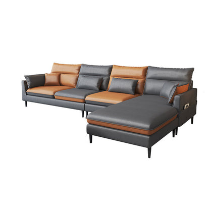 Faux Leather Square Arm Sectional with Pillowed Back Cushions, Stain Resistan 118"L x 67"W x 35"H Clearhalo 'furn' 'furn_sectionals' 'Furniture' 'furniture_sectionals' 'Living Room Furniture' 'Sectionals' 4983070