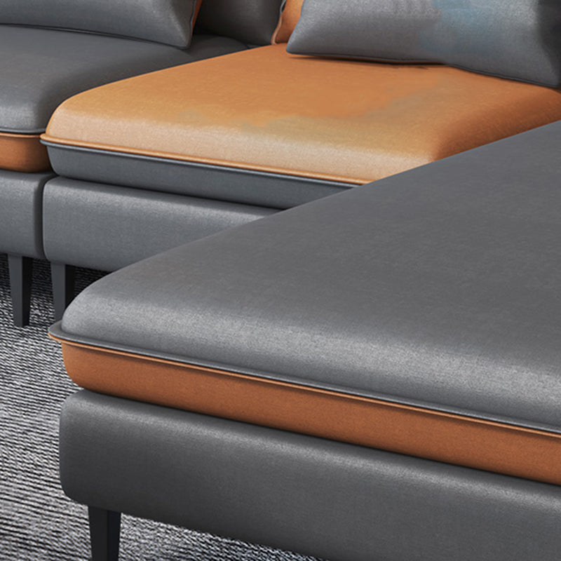 Faux Leather Square Arm Sectional with Pillowed Back Cushions, Stain Resistan Clearhalo 'furn' 'furn_sectionals' 'Furniture' 'furniture_sectionals' 'Living Room Furniture' 'Sectionals' 4983074