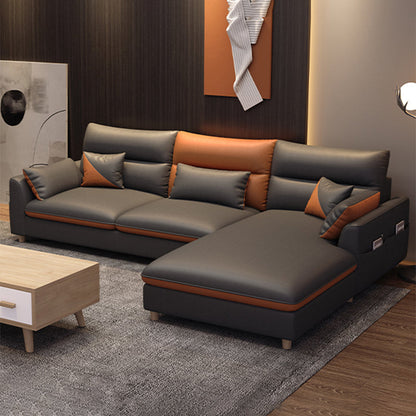 Stain Resistan Faux Leather Square Arm Sectional with Pillowed Back Cushions 94.5"L x 71"W x 35"H Clearhalo 'furn' 'furn_sectionals' 'Furniture' 'furniture_sectionals' 'Living Room Furniture' 'Sectionals' 4983079