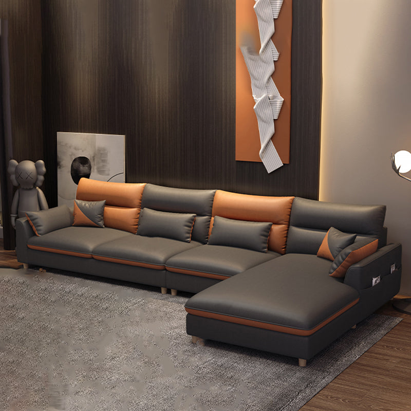 Stain Resistan Faux Leather Square Arm Sectional with Pillowed Back Cushions 138"L x 71"W x 35"H Sponge Clearhalo 'furn' 'furn_sectionals' 'Furniture' 'furniture_sectionals' 'Living Room Furniture' 'Sectionals' 4983080