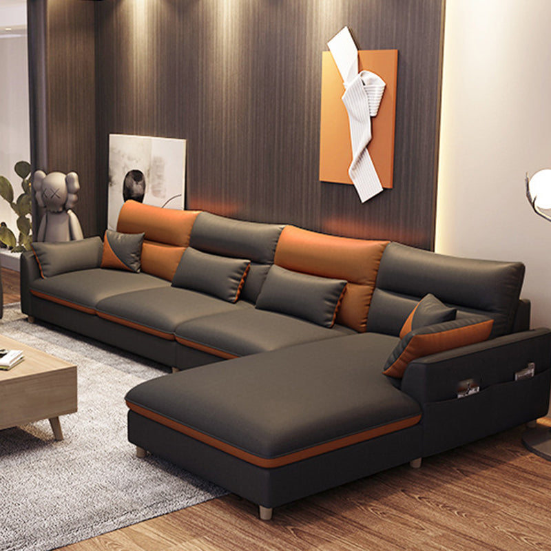 Stain Resistan Faux Leather Square Arm Sectional with Pillowed Back Cushions 138"L x 71"W x 35"H Latex Clearhalo 'furn' 'furn_sectionals' 'Furniture' 'furniture_sectionals' 'Living Room Furniture' 'Sectionals' 4983081