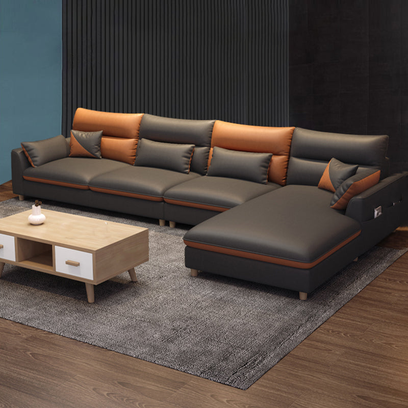 Stain Resistan Faux Leather Square Arm Sectional with Pillowed Back Cushions 122"L x 71"W x 35"H Latex Clearhalo 'furn' 'furn_sectionals' 'Furniture' 'furniture_sectionals' 'Living Room Furniture' 'Sectionals' 4983082