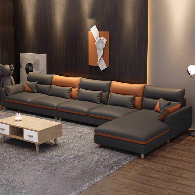 Stain Resistan Faux Leather Square Arm Sectional with Pillowed Back Cushions 153.5"L x 71"W x 35"H Latex Clearhalo 'furn' 'furn_sectionals' 'Furniture' 'furniture_sectionals' 'Living Room Furniture' 'Sectionals' 4983083