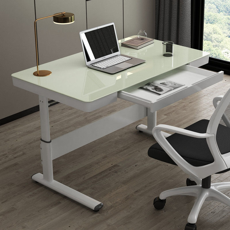 Hight Adjustable Writing Desk Bedroom White Trestle Table Leg Rectangular Desk Off-White Clearhalo 'furn' 'furn_office_desk' 'Furniture' 'furniture_office_desk' 'Office Desks' 'Office Furniture' 'office_desk' 4983360