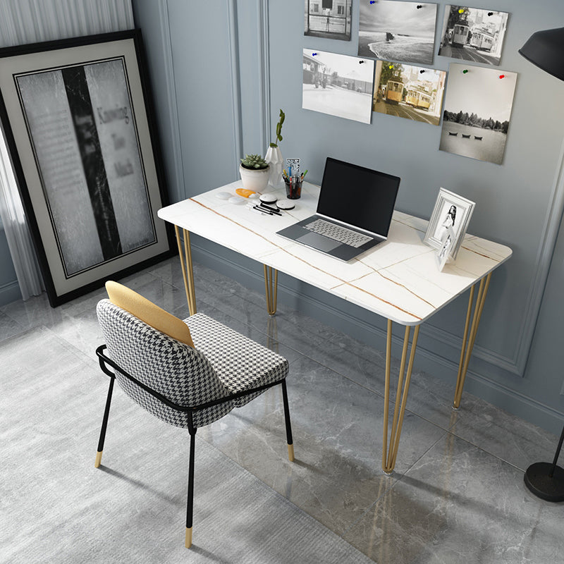 Home Hairpin Base Writing Desk Glam Style Stone Writing Desk 51.2"L x 27.6"W x 29.5"H Off-White Clearhalo 'furn' 'furn_office_desk' 'Furniture' 'furniture_office_desk' 'Office Desks' 'Office Furniture' 'office_desk' 4983401