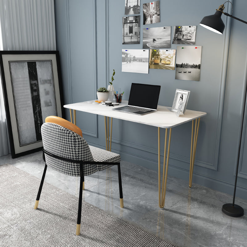 Home Hairpin Base Writing Desk Glam Style Stone Writing Desk 51.2"L x 27.6"W x 29.5"H White Clearhalo 'furn' 'furn_office_desk' 'Furniture' 'furniture_office_desk' 'Office Desks' 'Office Furniture' 'office_desk' 4983402