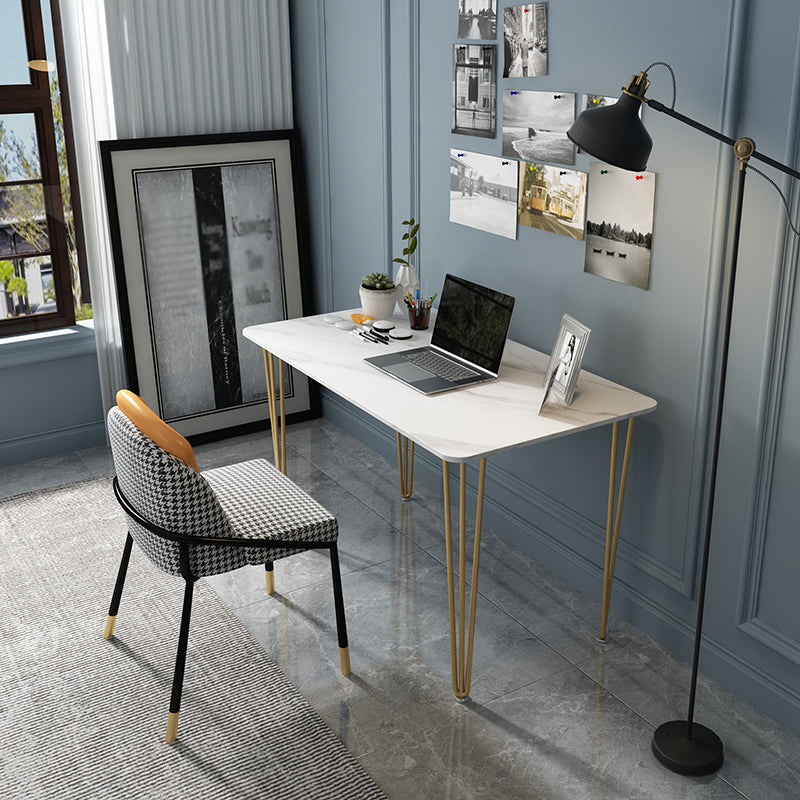 Home Hairpin Base Writing Desk Glam Style Stone Writing Desk 55.1"L x 27.6"W x 29.5"H White Clearhalo 'furn' 'furn_office_desk' 'Furniture' 'furniture_office_desk' 'Office Desks' 'Office Furniture' 'office_desk' 4983403