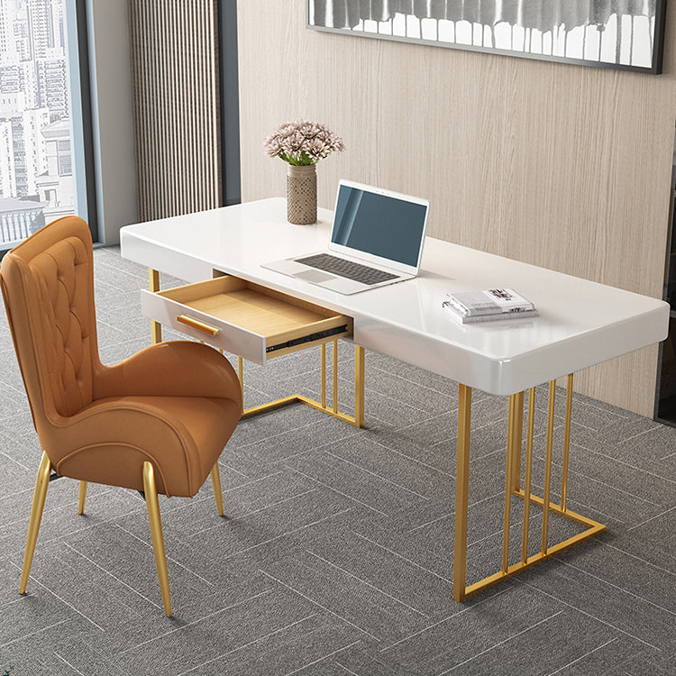 Glam Style Writing Desk Study Room and Office Desk with 1-drawer 63"L x 27.6"W x 29.5"H Gold White Clearhalo 'furn' 'furn_office_desk' 'Furniture' 'furniture_office_desk' 'Office Desks' 'Office Furniture' 'office_desk' 4983487