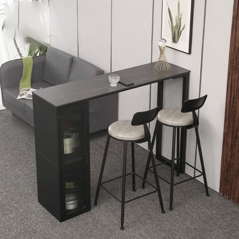 Modern Stone Pub Bar Table Indoor Event and Cocktail Table with Storage 63"L x 15.7"W x 41.3"H Black Without Chairs Clearhalo 'Bar Furniture' 'Bar Tables' 'bar_tables' 'furn' 'furn_bar_tables' 'Furniture' 'furniture_bar_tables' 'Kitchen & Dining Furniture' 4983684