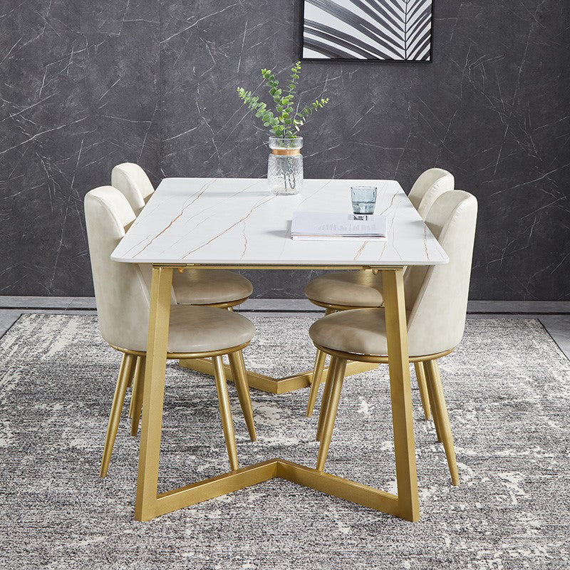 Luxury 1/4/5/7 Pieces Dining Set Sintered Stone Top Dining Table with Leather Chairs 5 Pieces: Table, 4 White Chairs Clearhalo 'Dining Room Sets' 'Dining Tables & Seating' 'dining_room_set' 'furn' 'furn_dining_room_set' 'Furniture' 'furniture_dining_room_set' 'Kitchen & Dining Furniture' 4985110