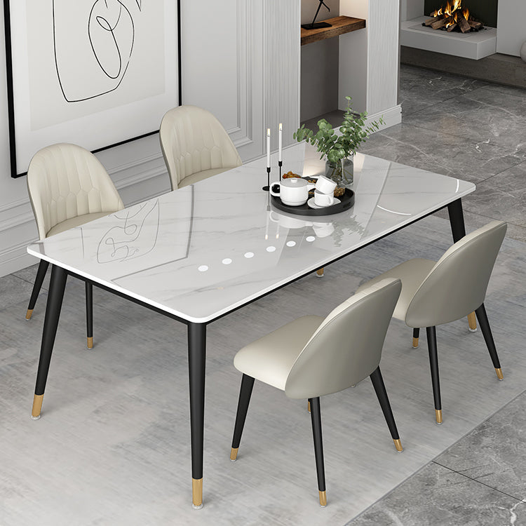 Glam Steel Dinette Set 1/4/5/7 Pieces Rectangle White Sintered Stone Top Dining Table Set 5 Pieces: Table, 4 Beige Chairs Clearhalo 'Dining Room Sets' 'Dining Tables & Seating' 'dining_room_set' 'furn' 'furn_dining_room_set' 'Furniture' 'furniture_dining_room_set' 'Kitchen & Dining Furniture' 4985301