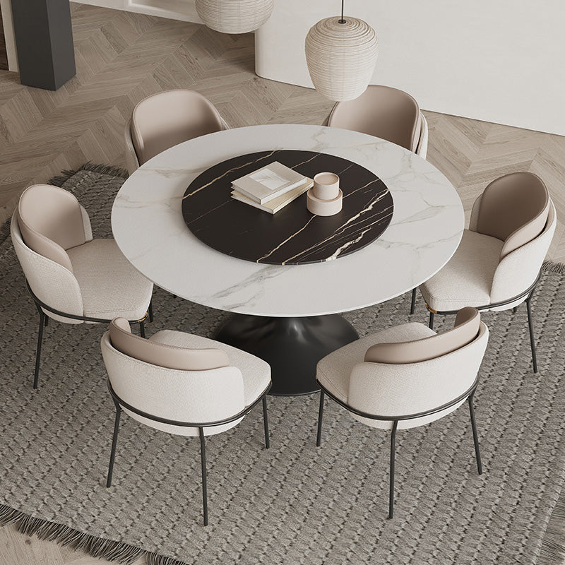 Modern Round Dining Table Set 1/3/4/5/7 Pieces Sintered Stone Dinette Set with Turntable 7 Pieces: Table, 6 Chairs Clearhalo 'Dining Room Sets' 'Dining Tables & Seating' 'dining_room_set' 'furn' 'furn_dining_room_set' 'Furniture' 'furniture_dining_room_set' 'Kitchen & Dining Furniture' 4985386