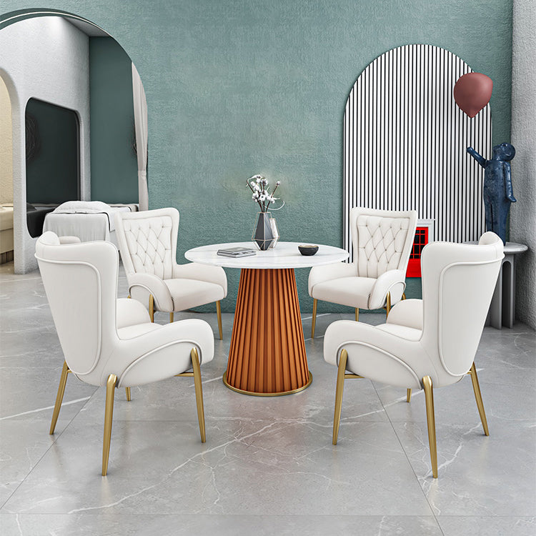 Glam Sintered Stone Dining Table Round Dinner Room Kitchen Table with Pedestal Base Orange 27.6"L x 27.6"W x 29.5"H Without Chairs Clearhalo 'Dining Tables & Seating' 'Dining Tables' 'dining_table' 'furn' 'furn_dining_table' 'Furniture' 'furniture_dining_table' 'Kitchen & Dining Furniture' 'kitchen' 'kitchen_dining_table' 4985428