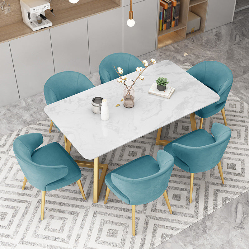 Rectangle Top Dining Table Traditional Luxury Table with Sled Base in Gold White 55.1"L x 31.5"W x 29.5"H Without Chairs Clearhalo 'Dining Tables & Seating' 'Dining Tables' 'dining_table' 'furn' 'furn_dining_table' 'Furniture' 'furniture_dining_table' 'Kitchen & Dining Furniture' 'kitchen' 'kitchen_dining_table' 4985479