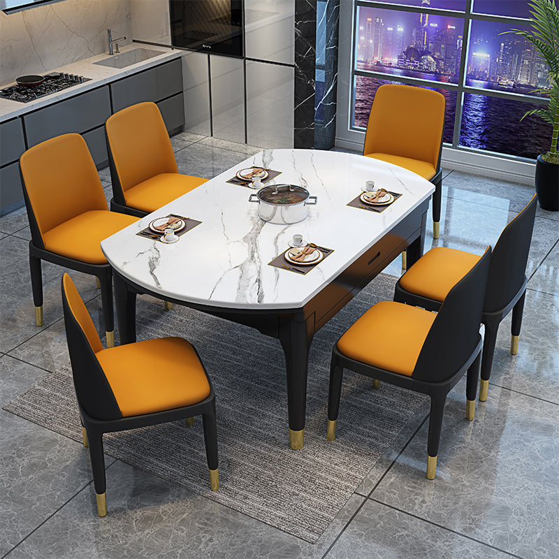 Round Marble Dining Table Modern 4 Legs Dining Table with Leaf Extension Black 47.2"L x 47.2"W x 29.5"H Without Chairs Clearhalo 'Dining Tables & Seating' 'Dining Tables' 'dining_table' 'furn' 'furn_dining_table' 'Furniture' 'furniture_dining_table' 'Kitchen & Dining Furniture' 'kitchen' 'kitchen_dining_table' 4985490