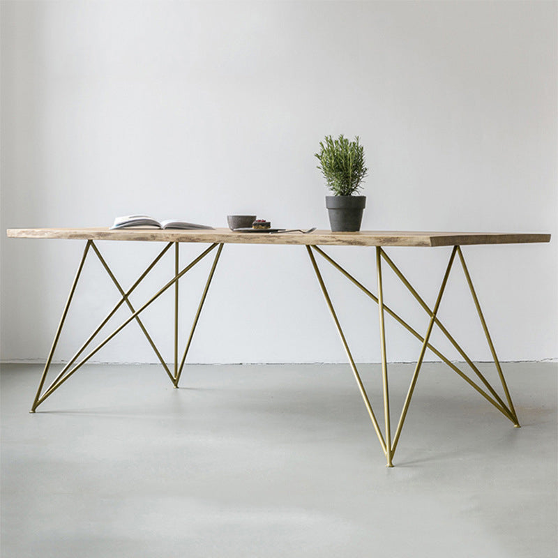 Wood Top Dining Table Industrial Rectangle Table with Double Pedestal Base Gold 63"L x 27.6"W x 29.5"H Without Chairs Clearhalo 'Dining Tables & Seating' 'Dining Tables' 'dining_table' 'furn' 'furn_dining_table' 'Furniture' 'furniture_dining_table' 'Kitchen & Dining Furniture' 'kitchen' 'kitchen_dining_table' 4985534
