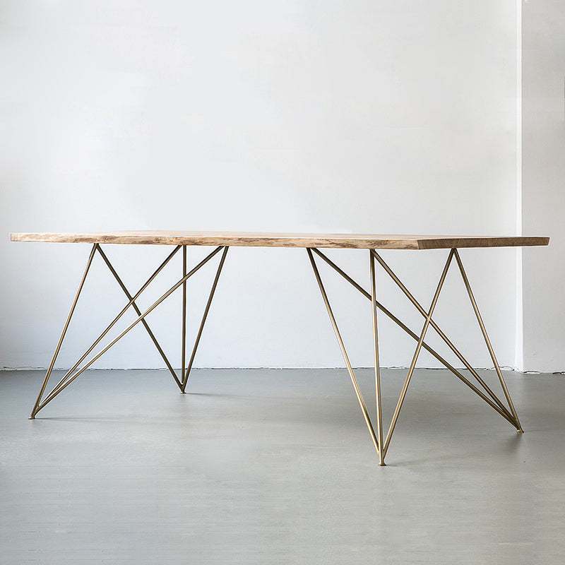 Wood Top Dining Table Industrial Rectangle Table with Double Pedestal Base Gold Without Chairs Clearhalo 'Dining Tables & Seating' 'Dining Tables' 'dining_table' 'furn' 'furn_dining_table' 'Furniture' 'furniture_dining_table' 'Kitchen & Dining Furniture' 'kitchen' 'kitchen_dining_table' 4985535