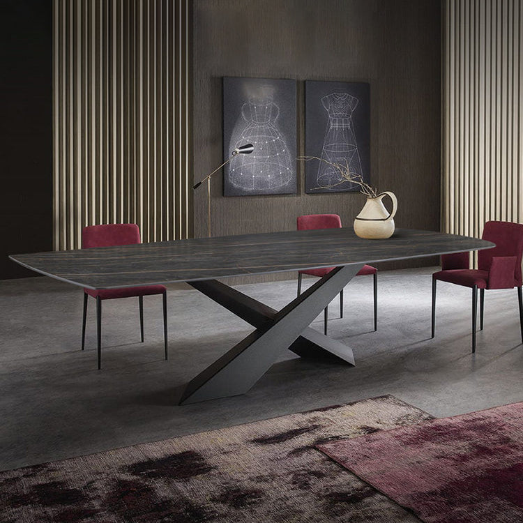 Traditional Luxury Dining Table Stone and Metal Pedestal Casual Dining Table Black 63"L x 31.5"W x 29.9"H Without Chairs Clearhalo 'Dining Tables & Seating' 'Dining Tables' 'dining_table' 'furn' 'furn_dining_table' 'Furniture' 'furniture_dining_table' 'Kitchen & Dining Furniture' 'kitchen' 'kitchen_dining_table' 4985594