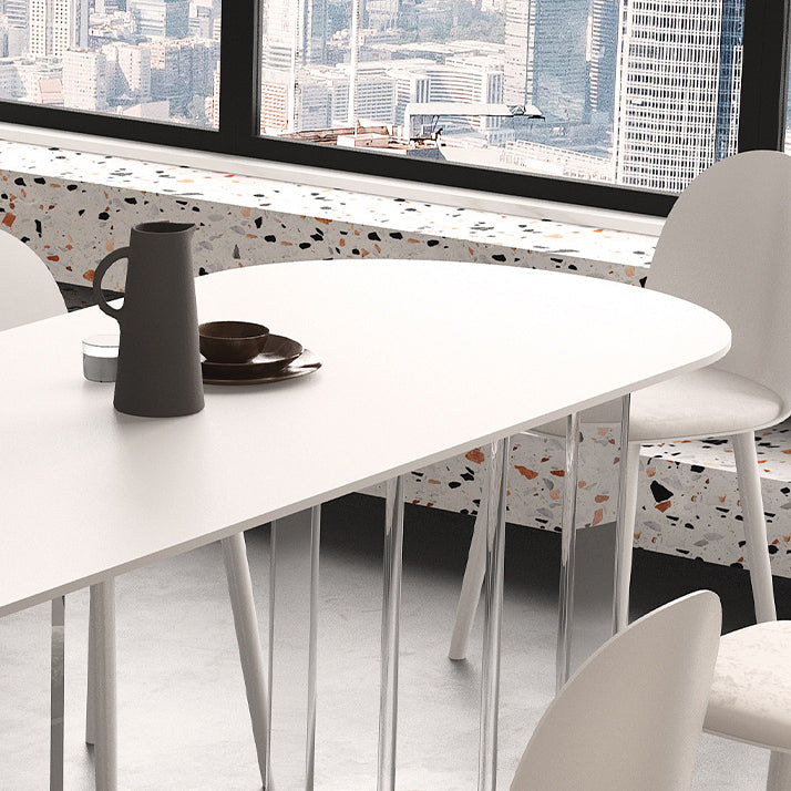 White Stone Dining Table Contemporary Dining Table with Sled Base Clearhalo 'Dining Tables & Seating' 'Dining Tables' 'dining_table' 'furn' 'furn_dining_table' 'Furniture' 'furniture_dining_table' 'Kitchen & Dining Furniture' 'kitchen' 'kitchen_dining_table' 4985612