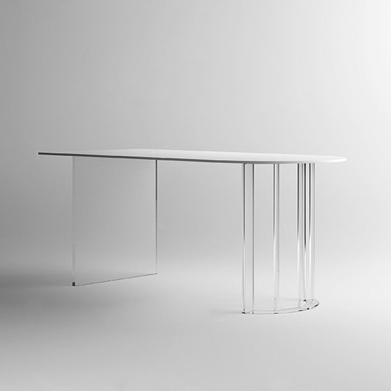 White Stone Dining Table Contemporary Dining Table with Sled Base Clearhalo 'Dining Tables & Seating' 'Dining Tables' 'dining_table' 'furn' 'furn_dining_table' 'Furniture' 'furniture_dining_table' 'Kitchen & Dining Furniture' 'kitchen' 'kitchen_dining_table' 4985617