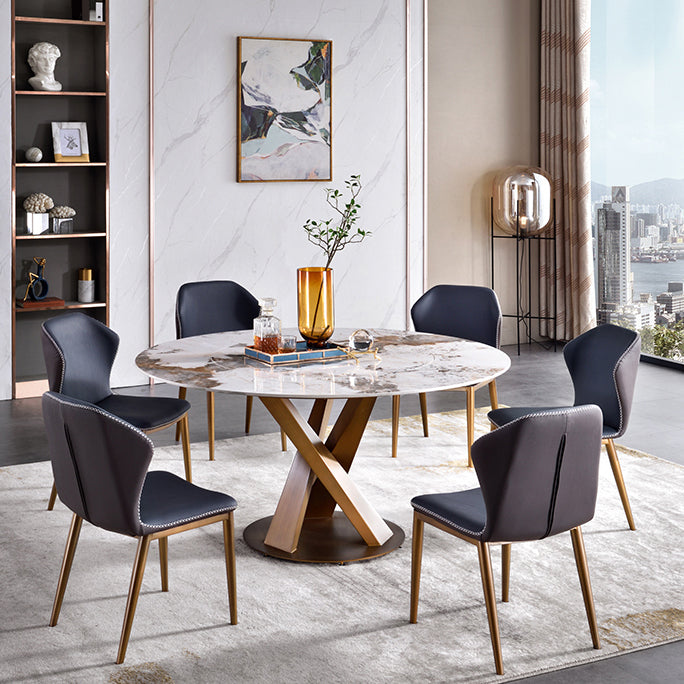 Glam Sintered Stone Dining Table Round Dinner Room Table with Pedestal Base 59.1"L x 59.1"W x 29.5"H Lazy Susan Without Chairs Clearhalo 'Dining Tables & Seating' 'Dining Tables' 'dining_table' 'furn' 'furn_dining_table' 'Furniture' 'furniture_dining_table' 'Kitchen & Dining Furniture' 'kitchen' 'kitchen_dining_table' 4985631