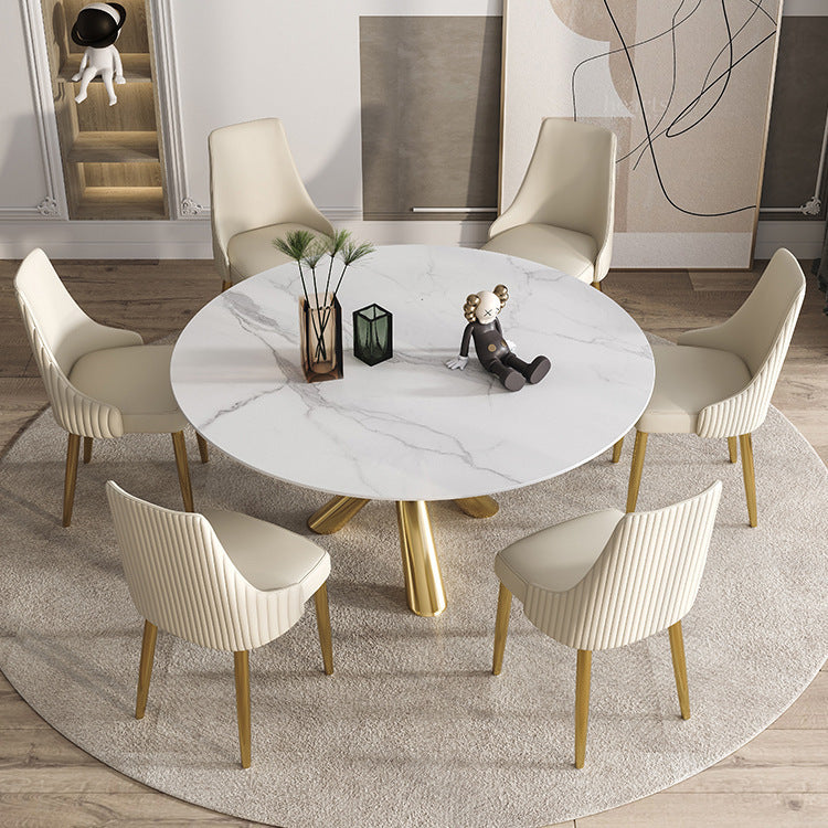 Stone Top Dining Table Contemporary Dining Table with Pedestal Base in Gold White 47.2"L x 47.2"W x 29.5"H Without Chairs Clearhalo 'Dining Tables & Seating' 'Dining Tables' 'dining_table' 'furn' 'furn_dining_table' 'Furniture' 'furniture_dining_table' 'Kitchen & Dining Furniture' 'kitchen' 'kitchen_dining_table' 4985669