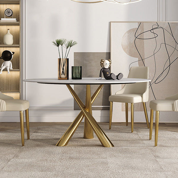 Stone Top Dining Table Contemporary Dining Table with Pedestal Base in Gold Clearhalo 'Dining Tables & Seating' 'Dining Tables' 'dining_table' 'furn' 'furn_dining_table' 'Furniture' 'furniture_dining_table' 'Kitchen & Dining Furniture' 'kitchen' 'kitchen_dining_table' 4985678