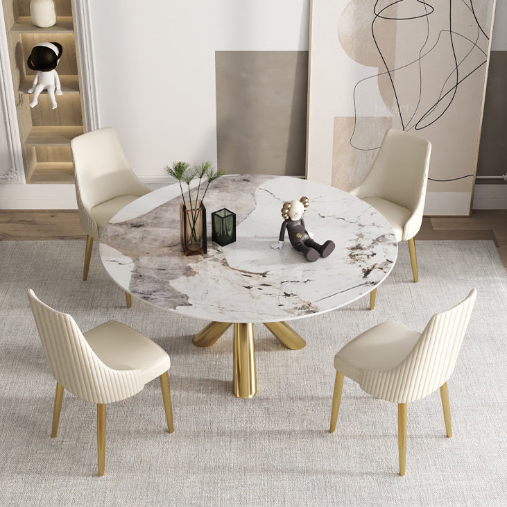 Stone Top Dining Table Contemporary Dining Table with Pedestal Base in Gold Clearhalo 'Dining Tables & Seating' 'Dining Tables' 'dining_table' 'furn' 'furn_dining_table' 'Furniture' 'furniture_dining_table' 'Kitchen & Dining Furniture' 'kitchen' 'kitchen_dining_table' 4985679