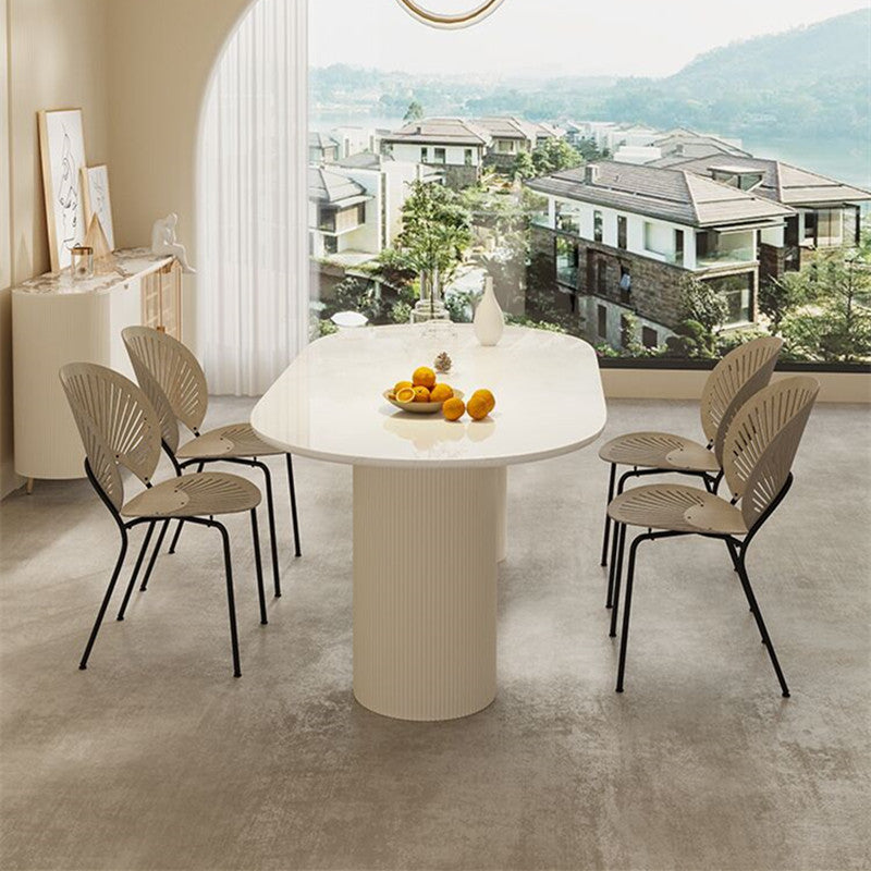 Sintered Stone Luxury White Table Oval Dining Table with Double Pedestal 70.9"L x 31.5"W x 29.5"H Without Chairs Clearhalo 'Dining Tables & Seating' 'Dining Tables' 'dining_table' 'furn' 'furn_dining_table' 'Furniture' 'furniture_dining_table' 'Kitchen & Dining Furniture' 'kitchen' 'kitchen_dining_table' 4985761