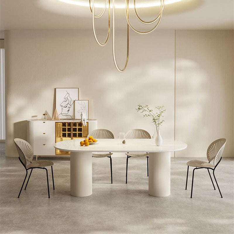 Sintered Stone Luxury White Table Oval Dining Table with Double Pedestal 78.7"L x 31.5"W x 29.5"H Without Chairs Clearhalo 'Dining Tables & Seating' 'Dining Tables' 'dining_table' 'furn' 'furn_dining_table' 'Furniture' 'furniture_dining_table' 'Kitchen & Dining Furniture' 'kitchen' 'kitchen_dining_table' 4985762