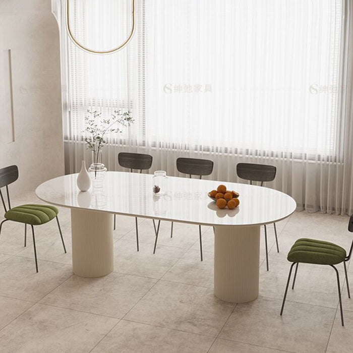 Sintered Stone Luxury White Table Oval Dining Table with Double Pedestal 63"L x 31.5"W x 29.5"H Without Chairs Clearhalo 'Dining Tables & Seating' 'Dining Tables' 'dining_table' 'furn' 'furn_dining_table' 'Furniture' 'furniture_dining_table' 'Kitchen & Dining Furniture' 'kitchen' 'kitchen_dining_table' 4985763