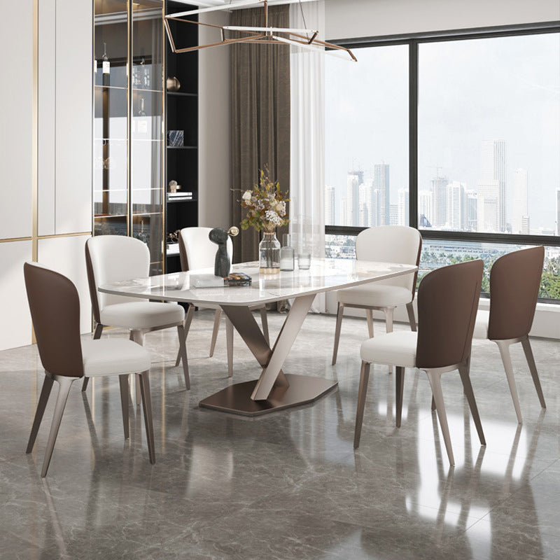 Modern Dining Table Rectangle Stone Top Table with Stainless Steel Pedestal Base 70.9"L x 35.4"W x 29.5"H Without Chairs Clearhalo 'Dining Tables & Seating' 'Dining Tables' 'dining_table' 'furn' 'furn_dining_table' 'Furniture' 'furniture_dining_table' 'Kitchen & Dining Furniture' 'kitchen' 'kitchen_dining_table' 4985775