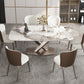 Modern Dining Table Rectangle Stone Top Table with Stainless Steel Pedestal Base 78.7"L x 39.4"W x 29.5"H Without Chairs Clearhalo 'Dining Tables & Seating' 'Dining Tables' 'dining_table' 'furn' 'furn_dining_table' 'Furniture' 'furniture_dining_table' 'Kitchen & Dining Furniture' 'kitchen' 'kitchen_dining_table' 4985776