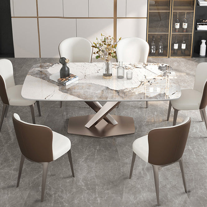 Modern Dining Table Rectangle Stone Top Table with Stainless Steel Pedestal Base 78.7"L x 39.4"W x 29.5"H Without Chairs Clearhalo 'Dining Tables & Seating' 'Dining Tables' 'dining_table' 'furn' 'furn_dining_table' 'Furniture' 'furniture_dining_table' 'Kitchen & Dining Furniture' 'kitchen' 'kitchen_dining_table' 4985776
