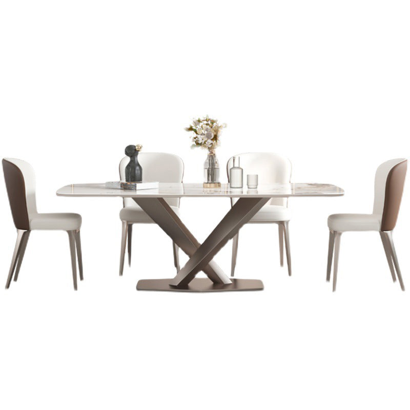 Modern Dining Table Rectangle Stone Top Table with Stainless Steel Pedestal Base 86.6"L x 43.3"W x 29.5"H Without Chairs Clearhalo 'Dining Tables & Seating' 'Dining Tables' 'dining_table' 'furn' 'furn_dining_table' 'Furniture' 'furniture_dining_table' 'Kitchen & Dining Furniture' 'kitchen' 'kitchen_dining_table' 4985777