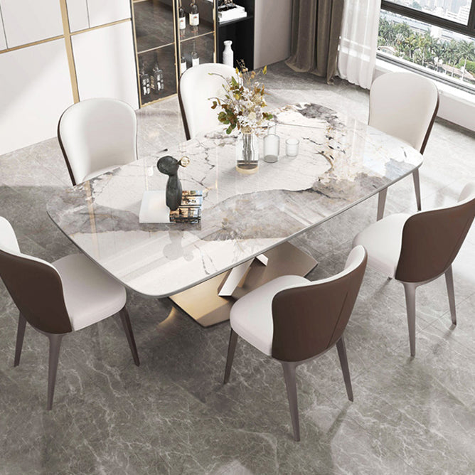 Modern Dining Table Rectangle Stone Top Table with Stainless Steel Pedestal Base Clearhalo 'Dining Tables & Seating' 'Dining Tables' 'dining_table' 'furn' 'furn_dining_table' 'Furniture' 'furniture_dining_table' 'Kitchen & Dining Furniture' 'kitchen' 'kitchen_dining_table' 4985782