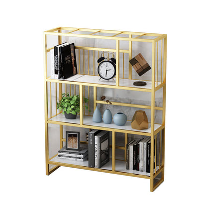 Glam Vertical Open Etagere Bookshelf Iron Frame Manufactured Wood Shelf Bookcase Gold Clearhalo 'Bookcases' 'furn' 'furn_bookcases' 'Furniture' 'furniture_bookcases' 'Office Furniture' 4987358