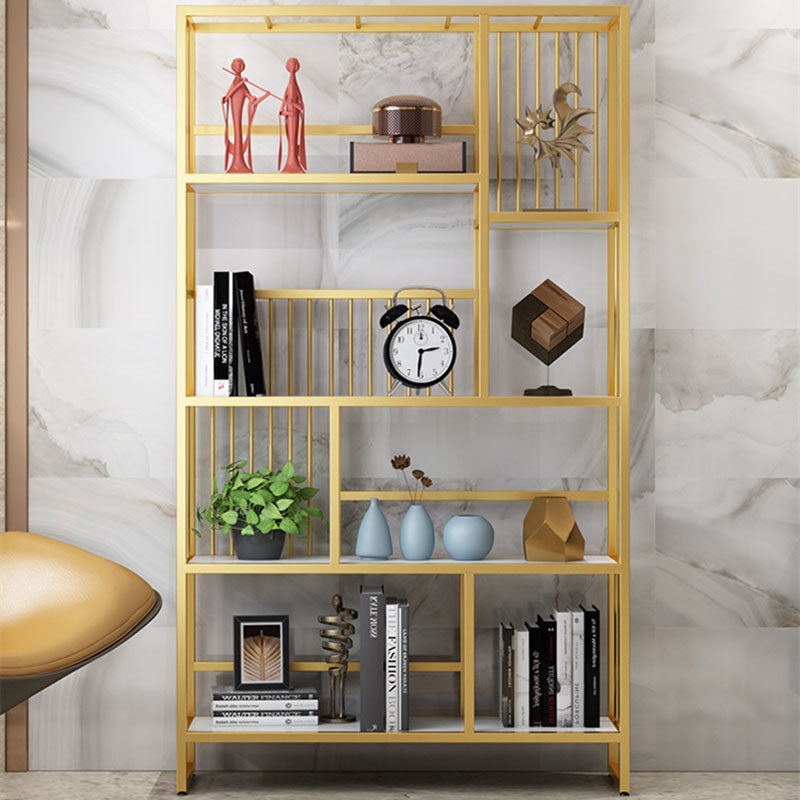 Glam Vertical Open Etagere Bookshelf Iron Frame Manufactured Wood Shelf Bookcase Clearhalo 'Bookcases' 'furn' 'furn_bookcases' 'Furniture' 'furniture_bookcases' 'Office Furniture' 4987372
