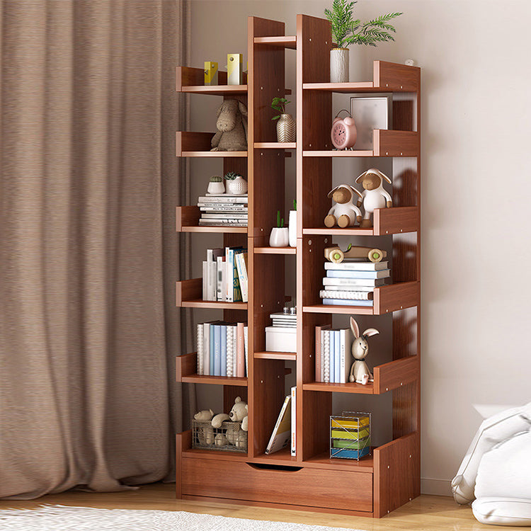 Scandinavian Manufactured Wood Etagere Bookshelf Vertical Open Bookcase for Home 20.1"L x 7.5"W x 66.5"H Red Brown Drawers Clearhalo 'Bookcases' 'furn' 'furn_bookcases' 'Furniture' 'furniture_bookcases' 'Office Furniture' 4987384