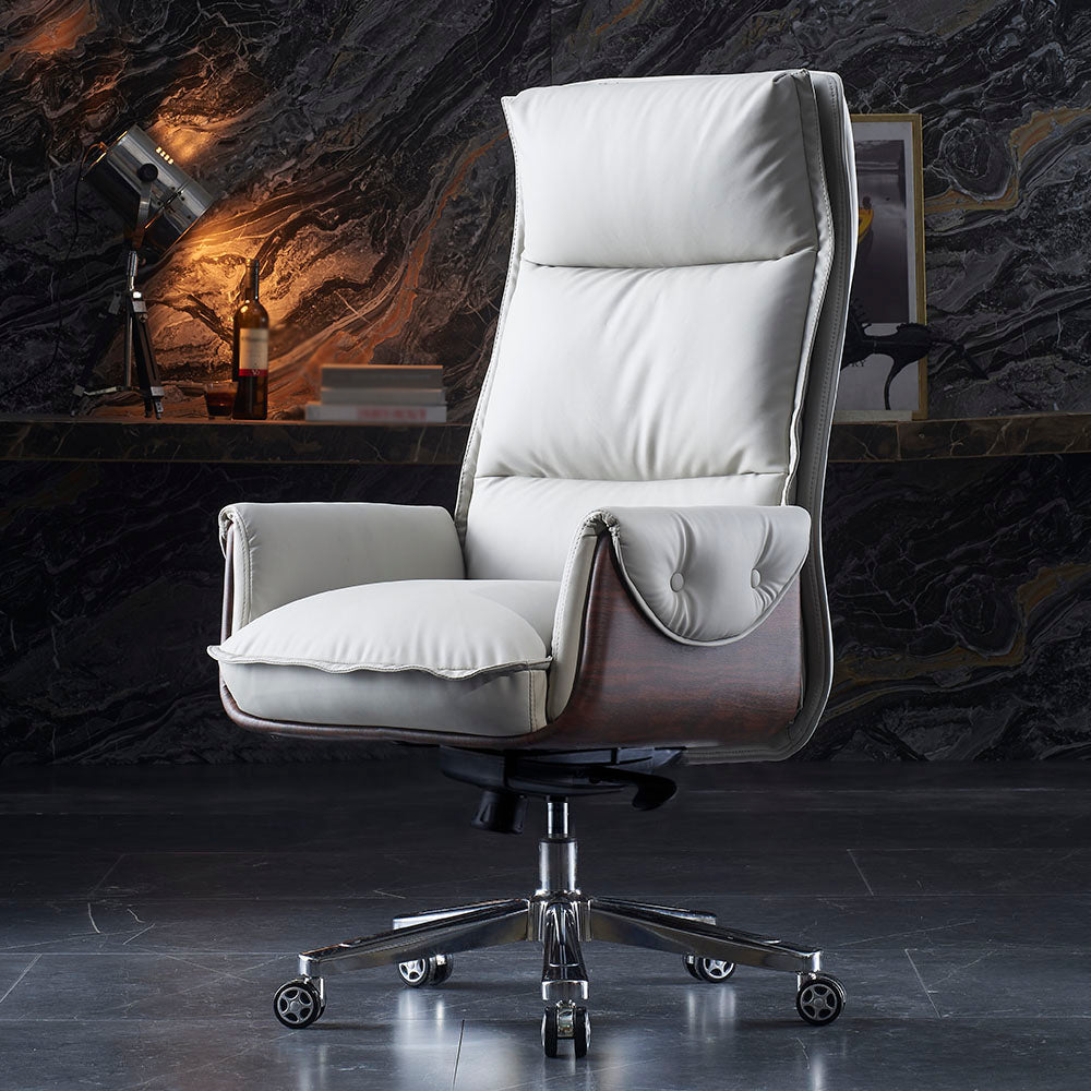 Executive Ergonomic Desk Chair with Padded Arms Chrome Metal Modern Task Chair with Wheels Off-White Without Footrest Clearhalo 'furn' 'furn_office_chair' 'Furniture' 'furniture_office_chair' 'Office Chairs' 'Office Furniture' 'office_chair' 4992412