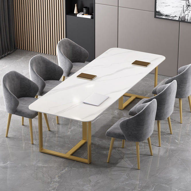 Sintered Stone Meeting Table Industrial Working Table for Office 55.1"L x 31.5"W x 29.5"H White-Gold Clearhalo 'furn' 'furn_office_desk' 'Furniture' 'furniture_office_desk' 'Office Desks' 'Office Furniture' 'office_desk' 4993328