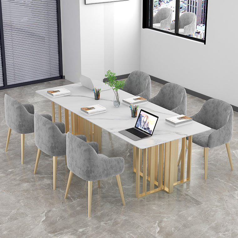 Rectangle Meeting Table Industrial Style Office Desk with Seld Base 63"L x 27.6"W x 29.5"H White-Gold Clearhalo 'furn' 'furn_office_desk' 'Furniture' 'furniture_office_desk' 'Office Desks' 'Office Furniture' 'office_desk' 4993342