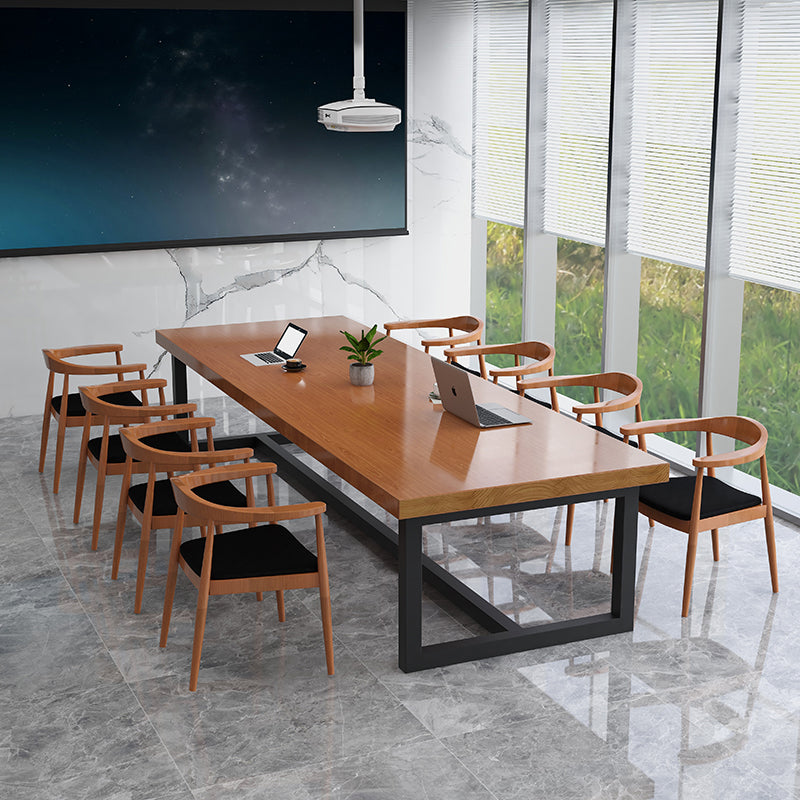 Rectangle Meeting Table Industrial Office Desk with Trestle Base 63"L x 27.6"W x 29.5"H Walnut Clearhalo 'furn' 'furn_office_desk' 'Furniture' 'furniture_office_desk' 'Office Desks' 'Office Furniture' 'office_desk' 4993479