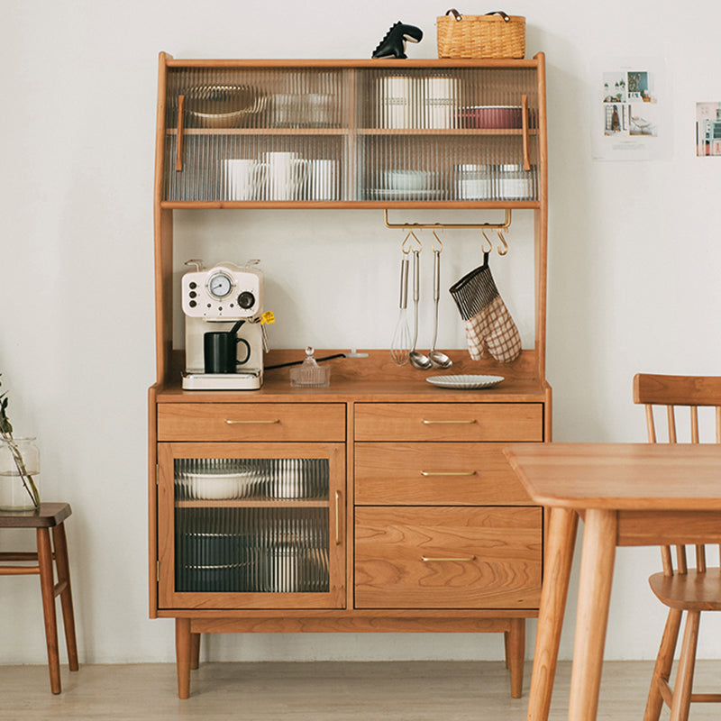 Living Room Glam Style Wood Top Cupboard 66-inch Height Glass Doors Kitchen Table 39"L x 16"W x 65"H Cherry Wood Clearhalo 'buffet_sideboard' 'Buffets & Sideboards' 'furn' 'furn_buffet_sideboard' 'Furniture' 'furniture_buffet_sideboard' 'Kitchen & Dining Furniture' 4993626